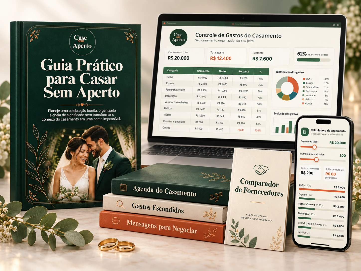 O guia, a agenda do casamento, os gastos escondidos, as mensagens para negociar e o comparador de fornecedores, com o controle de gastos no computador e a calculadora no celular